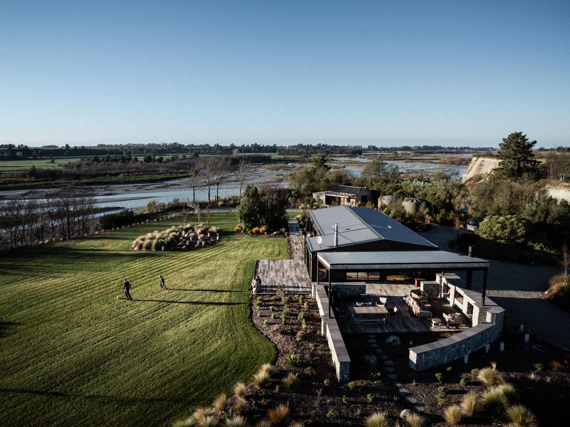 Aerial view of the Whakahā house and terrace above the Rangitata